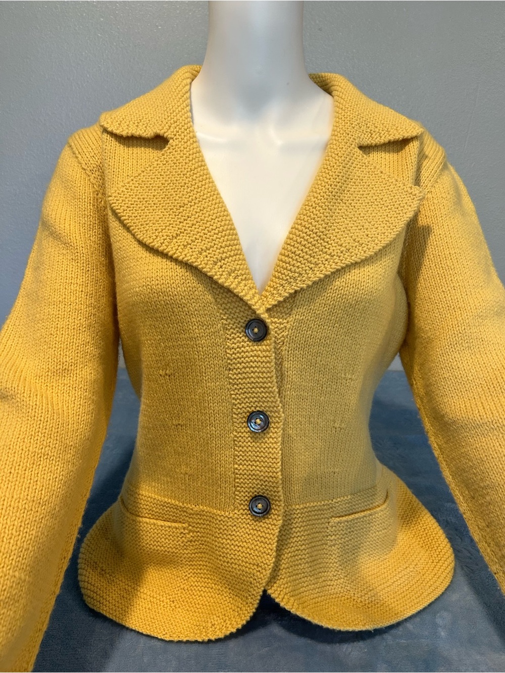 Vintage Marion Foale Hand-Knit Wool Blazer Cardigan Jacket S/M Gold